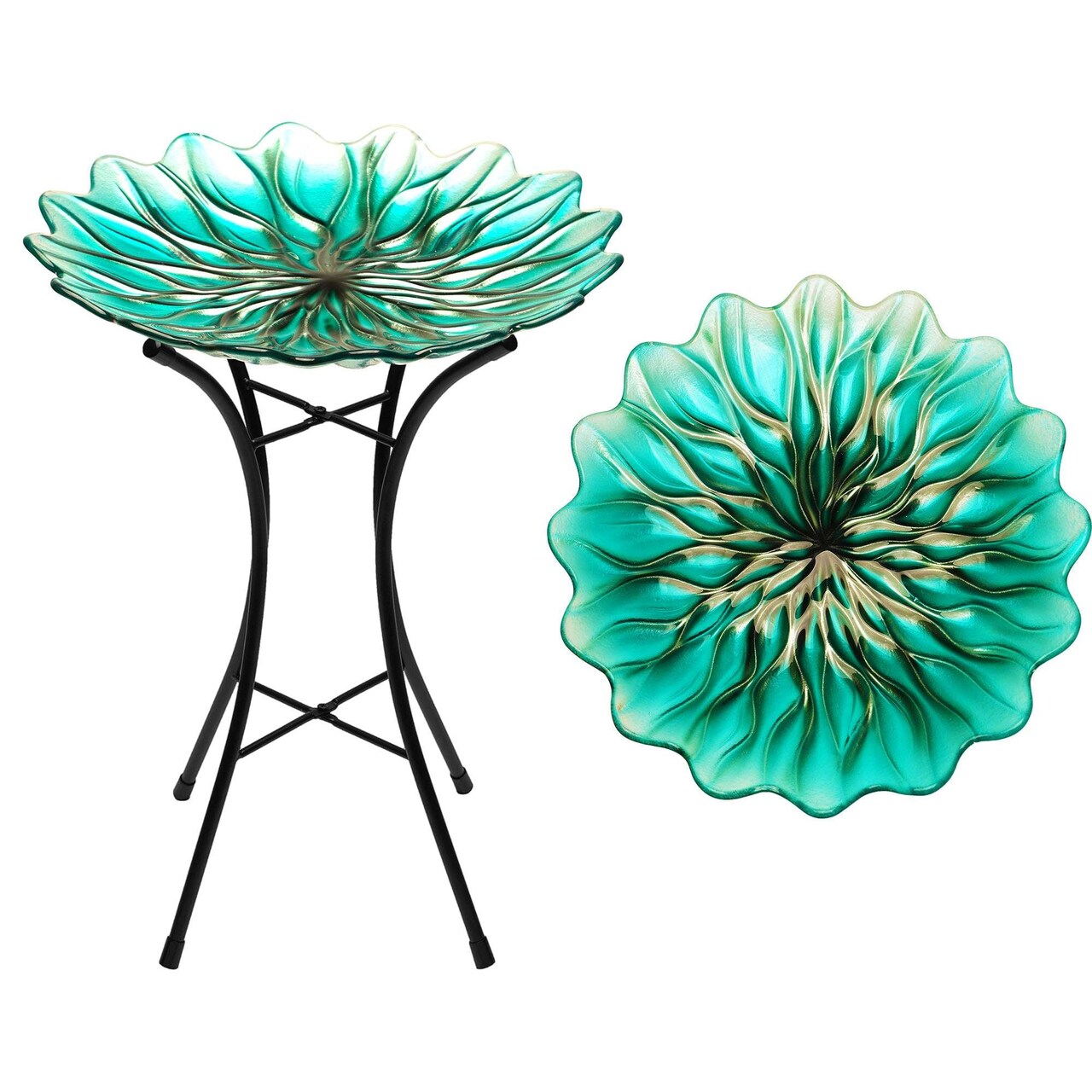 G128 19 Inch Height Glass Bird Baths with Metal Stand | Decorative Green BirdBaths Bowl Outdoor Garden Bird Feeder